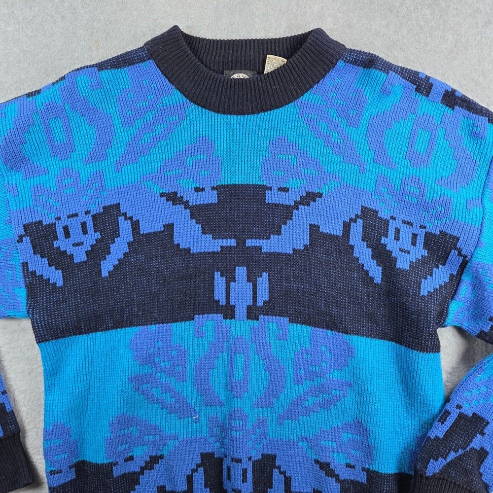 Permit Sweater Women XL Blue Geometric Abstract Vintage Knit Pullover Retro
